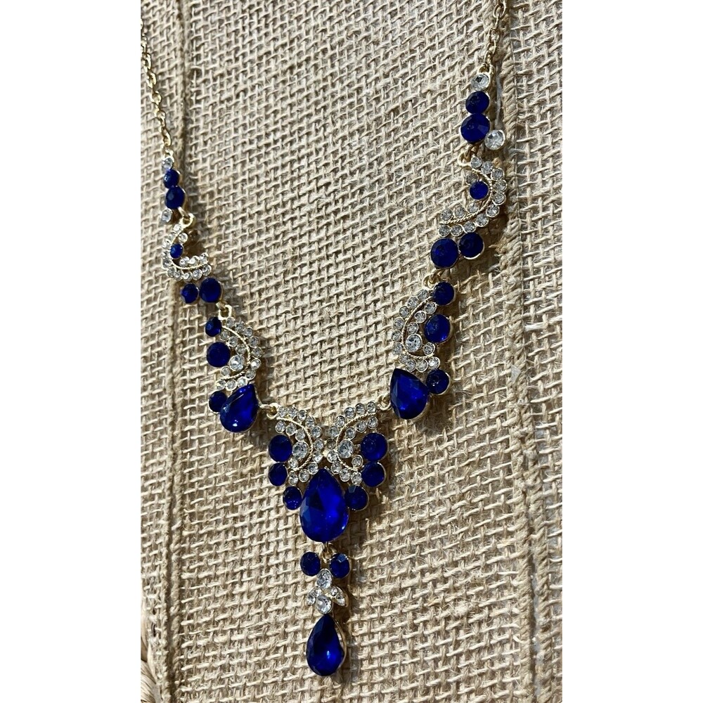 Cobalt Blue Y Drop Necklace Gold Tone Rhinestone Statement Wedding Prom - Picture 3 of 8